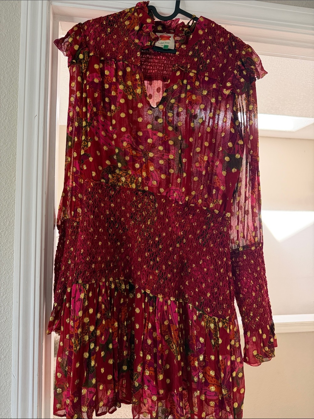 FARM Rio Burgundy Floral Smocked Long-Sleeve Ruffle Dress